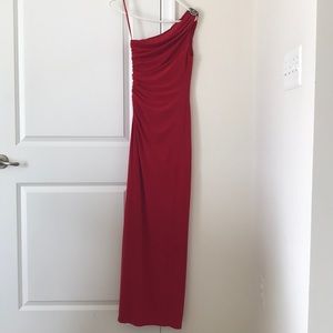 Red one shouldered evening gown